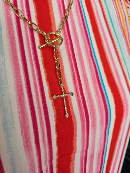 Rhinestone Cross Chain Toggle Necklace