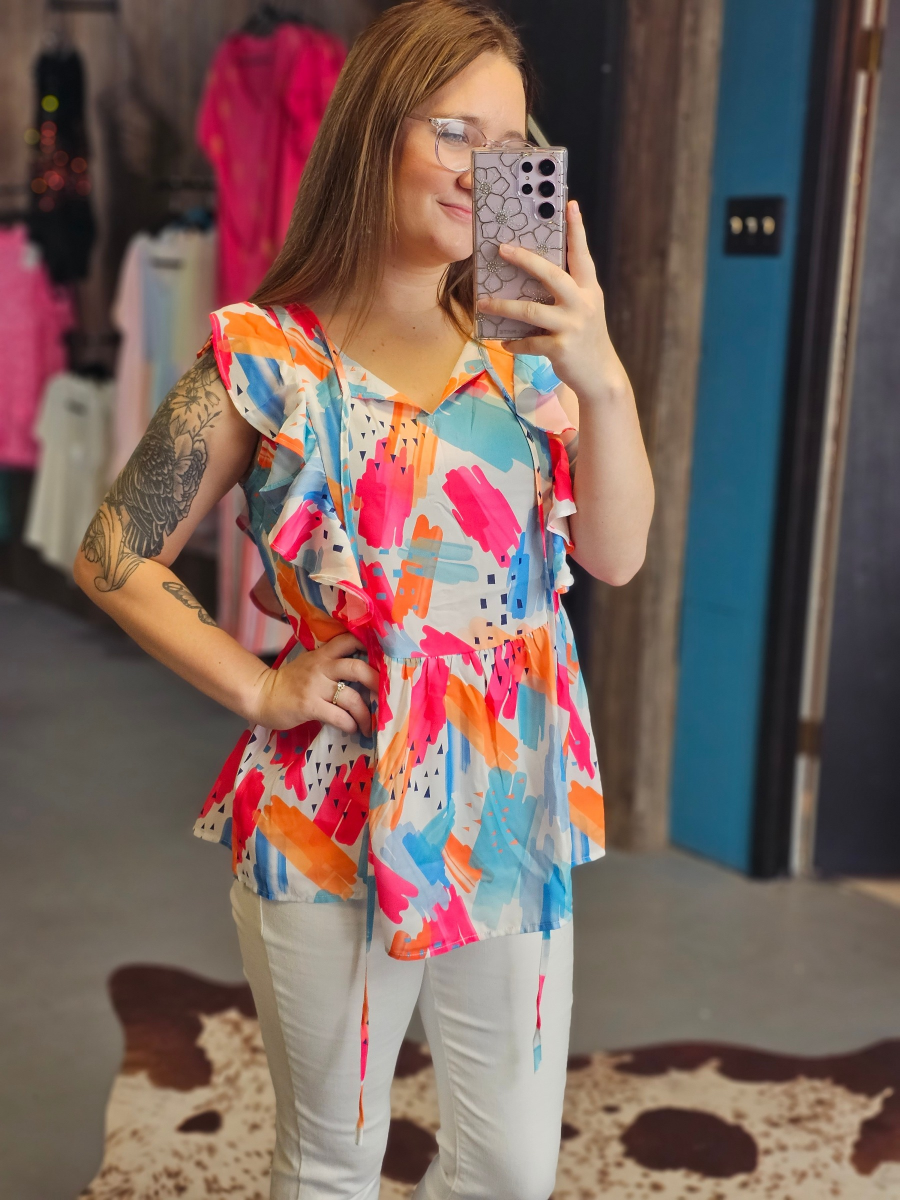 Multicolor Abstract Print V Neck Ruffled Blouse