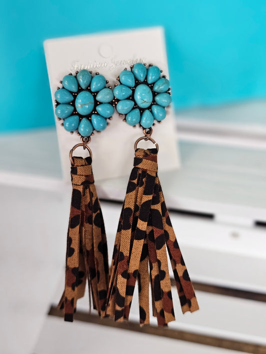 Turquoise Stone Leopard Fringe Earrings
