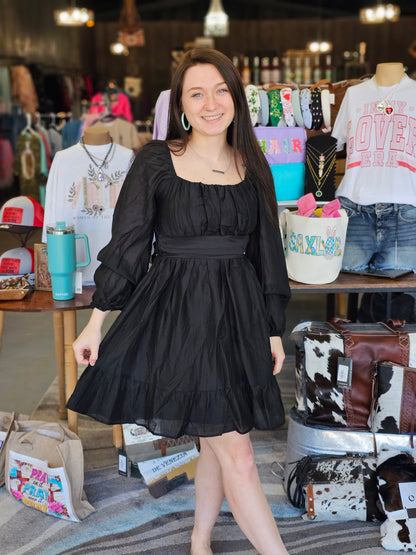 French Ruched Black Mini Dress