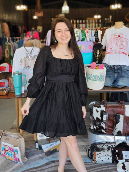 French Ruched Black Mini Dress