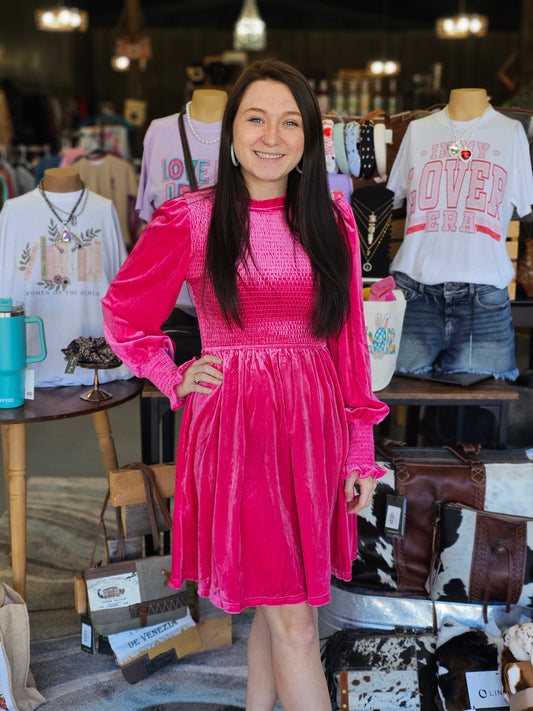 Pink Velvet Smocked Mini Dress