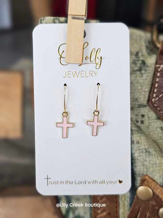 Forgiven Cross Dangle Earrings in Pink