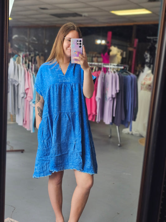 Sweetly Said Washed Linen Dress in Ocean Blue