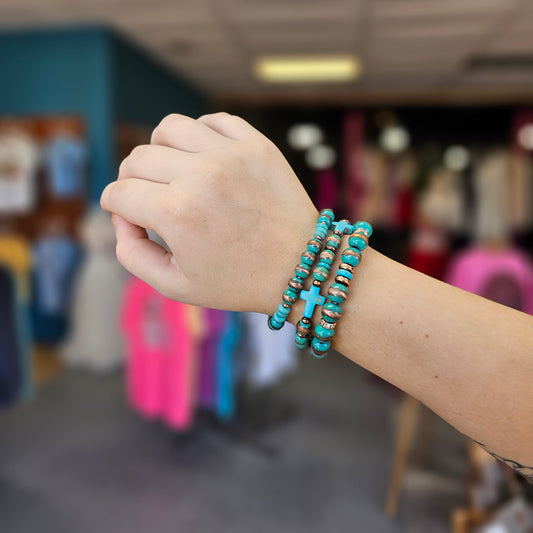 Turquoise Cross Stacked Stretch Bracelet Set
