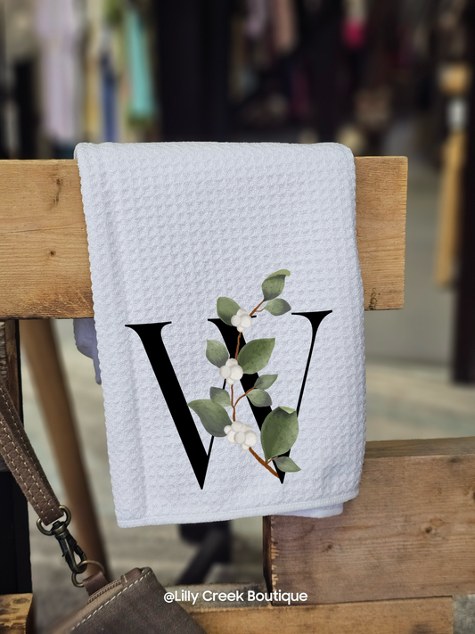 Cotton Blossom Stem Monogram Waffle Tea Towel