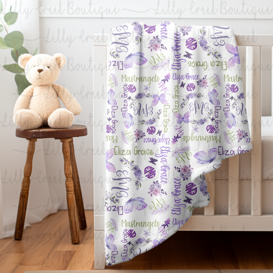 Purple Floral Butterfly Baby Blanket