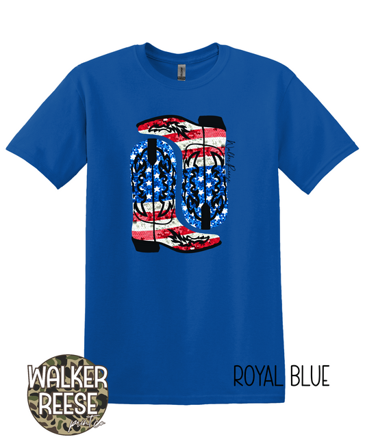 Faux Glitter Patriotic Cowgirl Boots Tee