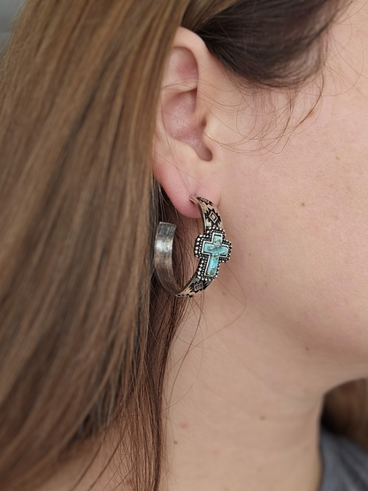 Navajo Turquoise Cross Hoop Earrings