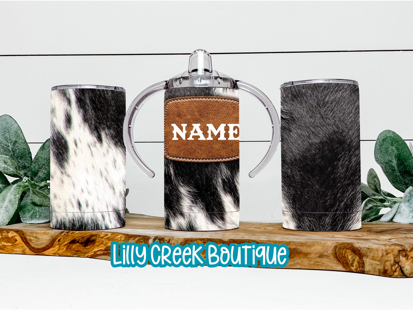 Black Cowhide & Leather Sippy Cup Tumbler