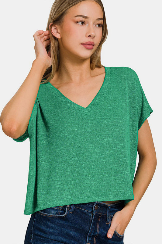 Totally Basic V-Neck Cropped T-Shirt | Zenana - GREEN