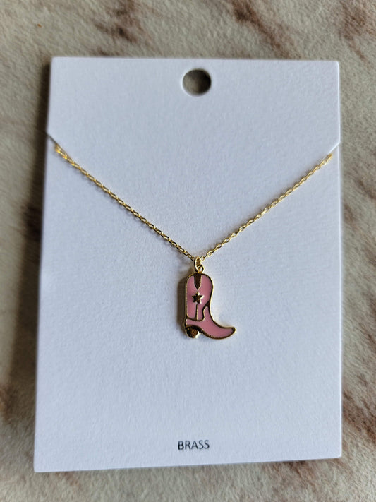 Cowgirl Boots Pendant Necklace - Pink