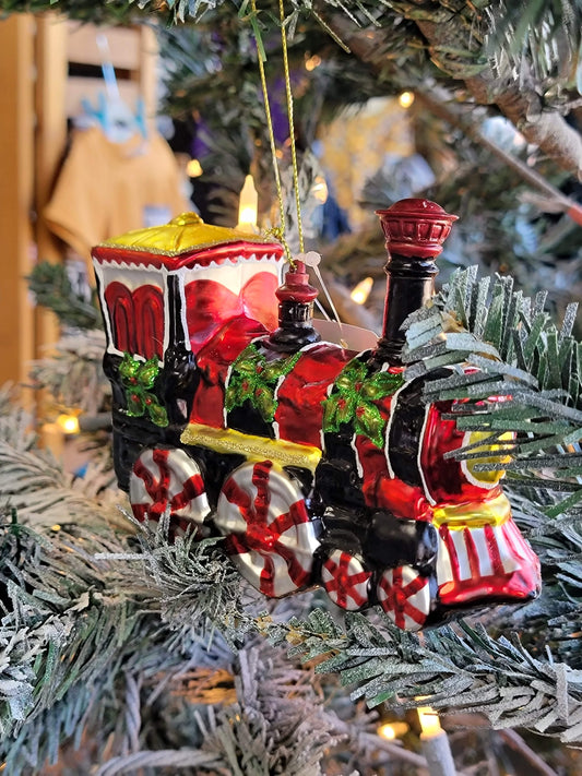 Glass Train with Peppermint Wheels Christmas Ornament