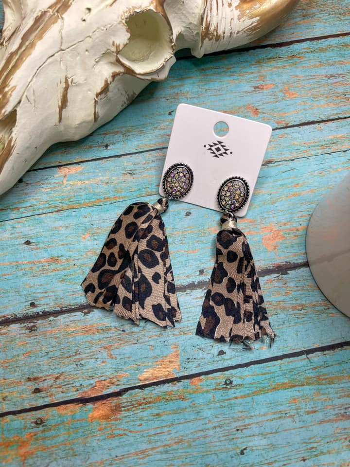Leopard Ribbon Tassel Rhinestone Earrings