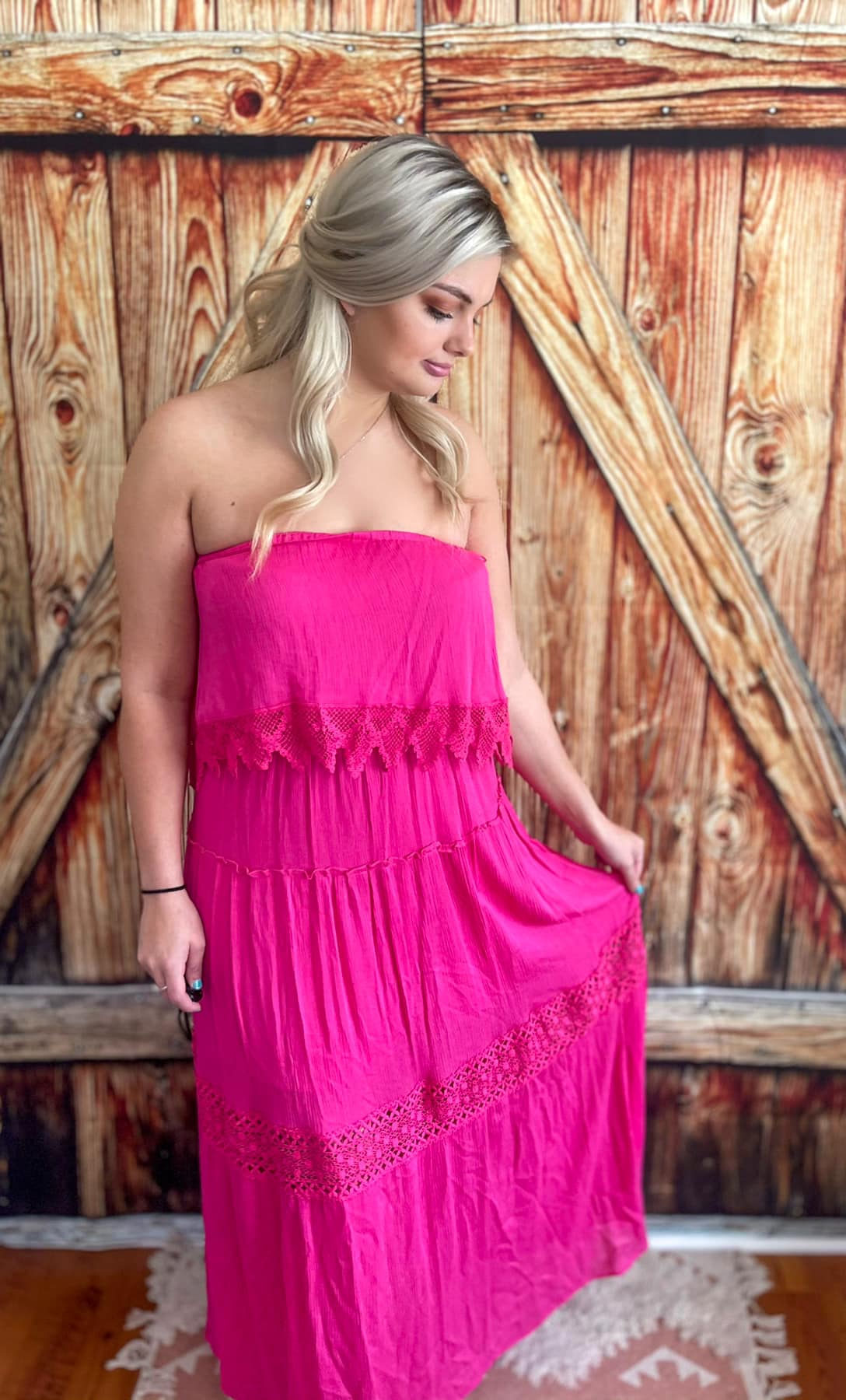 Hot Pink Strapless Lace Maxi Dress