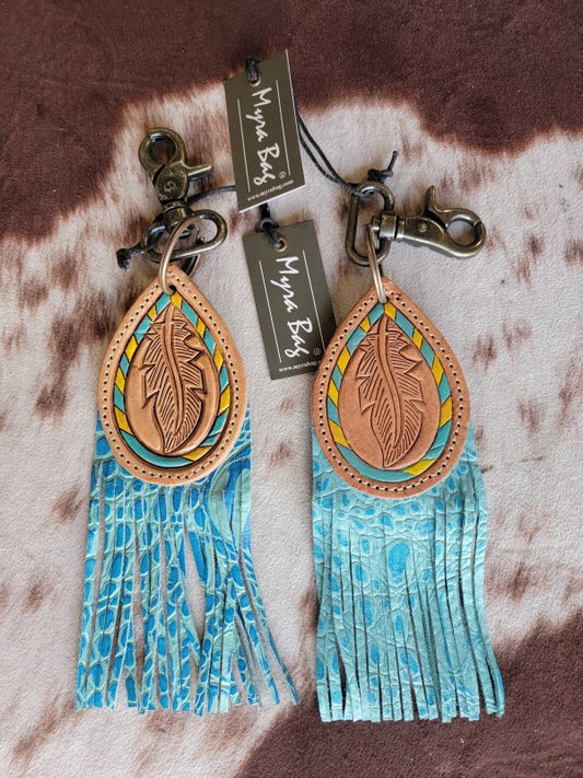 Ethnic Blues Feather Leather Keychain